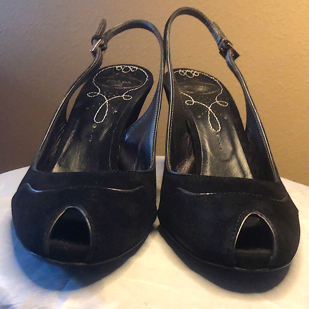 Prada Black Suede Peep-Toe Slingback Wedge Heels - Picture 5 of 8